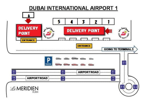 Map of Dubai International Airport terminal 1 with delivery points and parking area.
