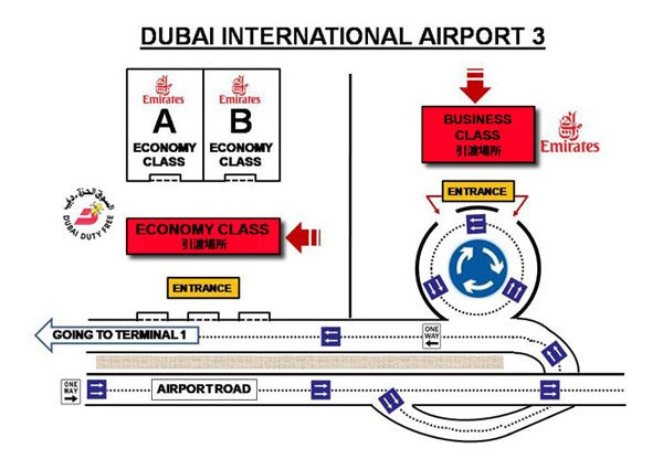Map of Dubai International Airport terminal 3 with Emirates logos